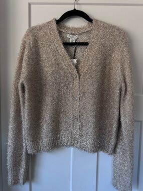 Rachel Zoe Shimmery Cream-Blend V-Neck Button Cardigan